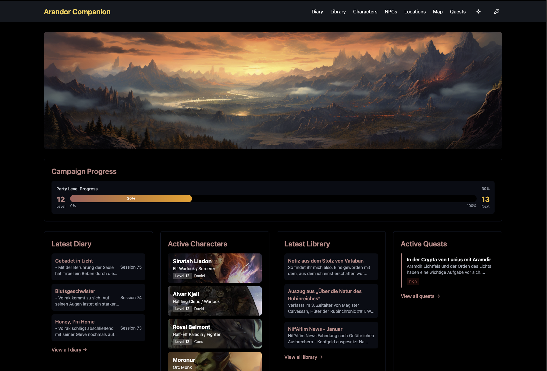 Arandor Companion – Übersicht der Kampagnenoberfläche